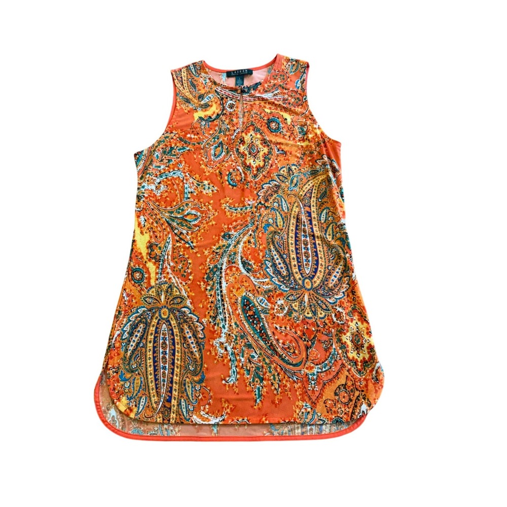 Lauren Ralph Lauren Orange Paisley Sleeveless Keyhole Tunic Top Small Boho